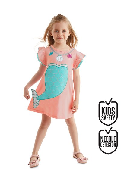 Denokids Mermaid Pink Girls' Summer Ruffled Combed Cotton Dress