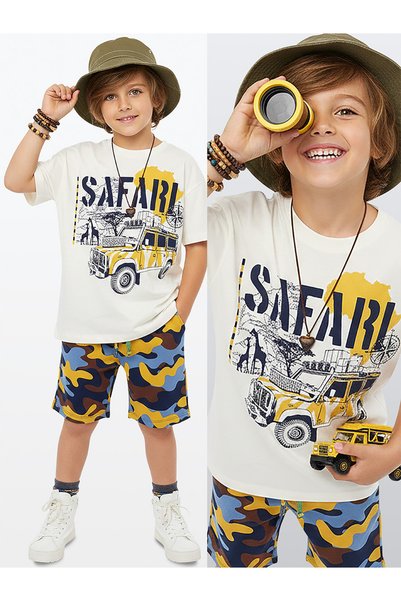 Denokids Boy's Safari Printed 100% Cotton T-Shirt Shorts Summer Set