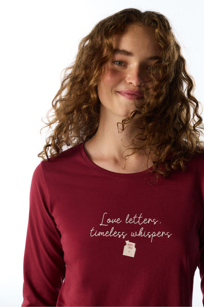 Penti Bordo Letters Bird Patterned Cotton Long Sleeve Trousers Pajama Set