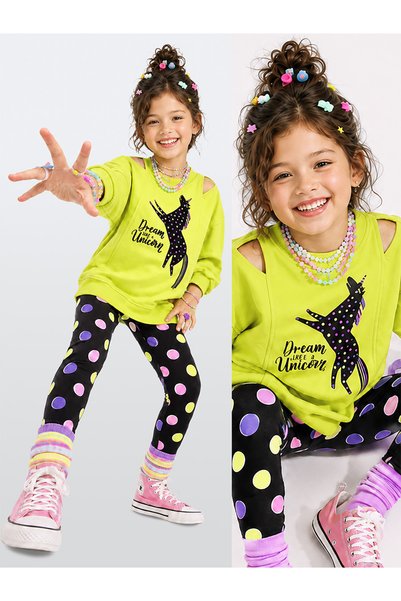 Denokids Kız Çocuk Takım Unicorn Sweatshirt - Puantiye Sporcu Tayt Takım (4-1...