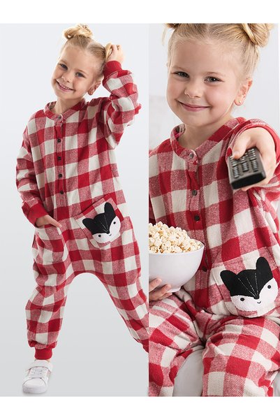 Denokids Kız Çocuk Tilki ve Ekose Desenli Dokuma Kırmızı Uzun Kollu Tulum 2-8...
