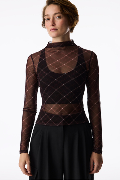 Penti Dark Burgundy Turtleneck Plaid Transparent Long Sleeve Top