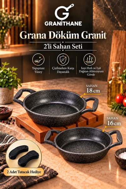 GRANİTHANE Grana Döküm Granit 2'li Sahan Seti 18 cm ve 20 cm Siyah Yapışmaz Y...