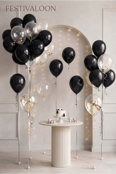 FESTİVALOON Set of 20 Black Transparent Balloons with Gold Confetti Birthday ...
