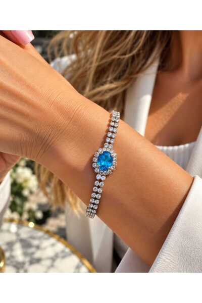 Furtek Aksesuar Women's Turquoise Stella Model Zircon Stone Silver Evening Dr...