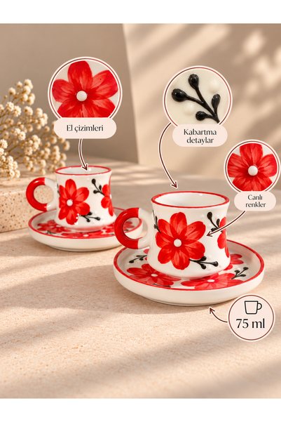 ASSERAMİK Red Flower Pattern Handmade Ceramic 2-Piece Coffee Cup Set