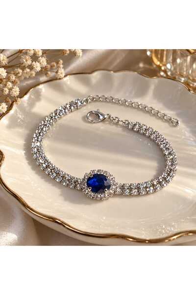 Furtek Aksesuar Women's Navy Blue Stella Model Zircon Stone Silver Evening Dress Daily Party Prom Date Combination Bracelet