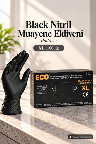 ECO Black Nitril Siyah Muayene Eldiveni XL Beden Pudrasız 100 Adet