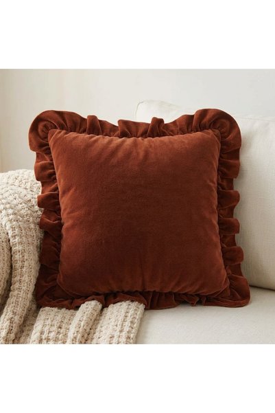 Bc Home Tile Velvet Look Country Ruffled Square Throw Pillow Cover Soft Textured, Nordic, Bohemian