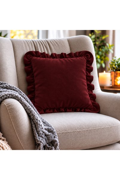 Bc Home Burgundy Country Ruffled Square Throw Pillow Cover Soft Textured, Bohemian, 1 Piece