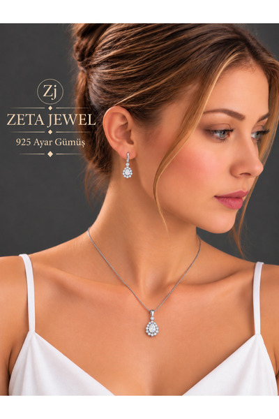 Zeta Jewel Zirkon Taşlı Gümüş Damla Kolye Küpe Seti-Hediye Kutulu
