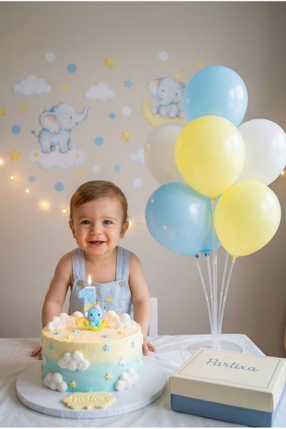 Partixa Elephant Themed Blue and Yellow Number Candle and Balloon Stand Set -...