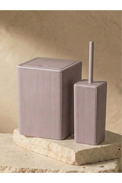 Genel Markalar Kelly Banyo Çöp Kovası Kapaklı Çizgili Kare Taupe Plastik 18x2...