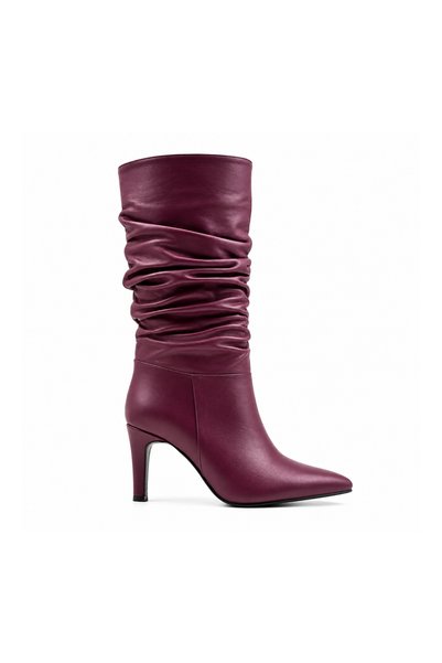 Folle Burgundy Leather Drawstring Detailed Genuine Leather Below-Knee Women's...