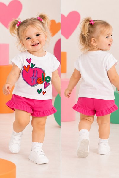 HK HOPKİDS Hello Heart Printed Casual Short Sleeve Summer Baby Girl T-Shirt
