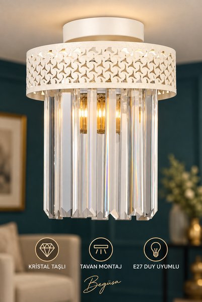 Begüsa Sitrus Tekli Beyaz Tavan Montaj Avize, Lux Kristal Taşlı Modern Tavan ...