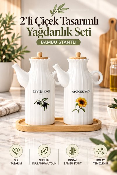 naturelove 3'lü Bambu Stantlı Etiketli Yağdanlık Seti - Bambu Kapaklı Yağlık ...
