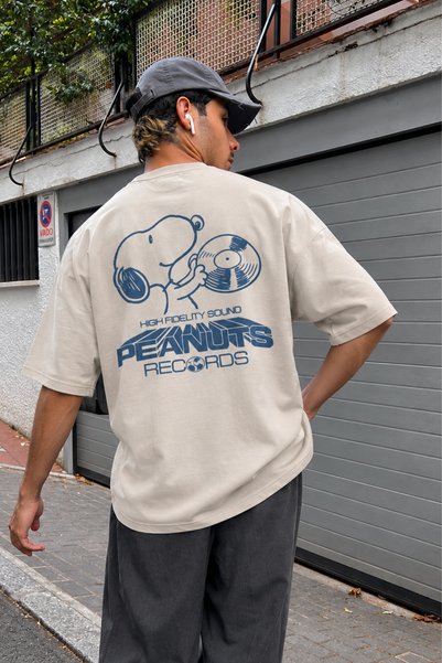 The Champ Clothing Crew Neck Peanuts Records Printed Oversize Beige Men's T-S...