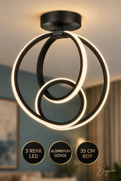 Begüsa Neo 3 Renk Ledli Tavan Montaj Avize Siyah