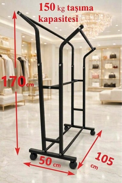 HOMEBELLA Premium 170 cm Çelik Konfeksiyon 105 cm En Elbise Askılık Tekerlekl...
