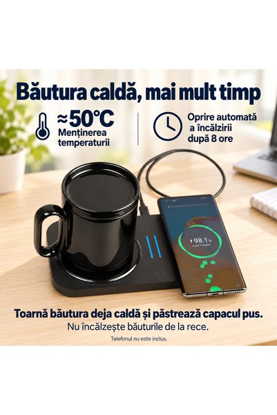 MACASORE Încărcător Wireless HC809 cu Funcție de Menținere Caldă a Băuturilor + Cană Ceramică