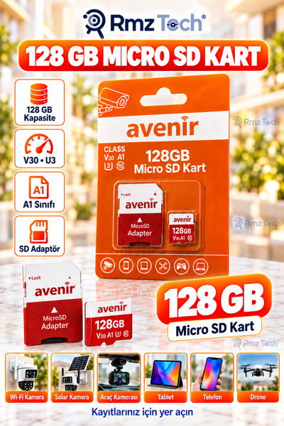RMZTECH Avenir 128 Gb Micro Sd Memory Card with Sd Adapter V30 U3 A1 Compatible for Wi-Fi Solar and Dash Cam
