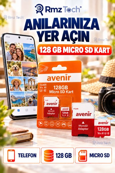 RMZTECH Avenir 128 Gb Micro Sd Memory Card with Sd Adapter V30 U3 A1 Compatible for Wi-Fi Solar and Dash Cam