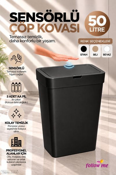 follow me Sensörlü Çöp Kovası 50LT Siyah -FM414705siyah