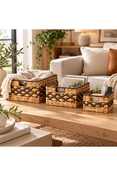 Bahçem Set de 3 coșuri dreptunghiulare decorative din iacintă de apă / iasomi...