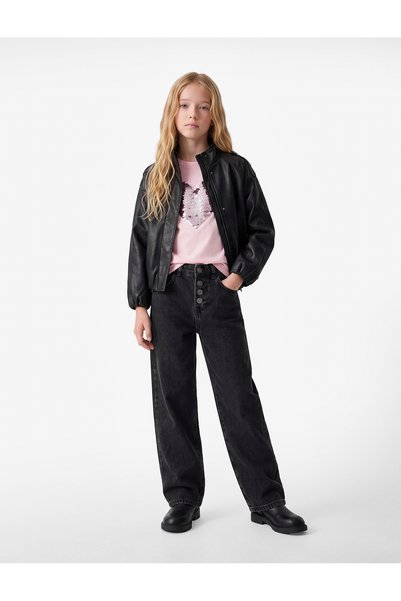 Koton Cotton Buttoned Wide-Leg Denim Trousers with Adjustable Elastic Waist