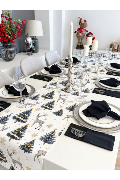 Decamor home New Year Themed Gazelle Patterned White Gray Gold Christmas Runn...