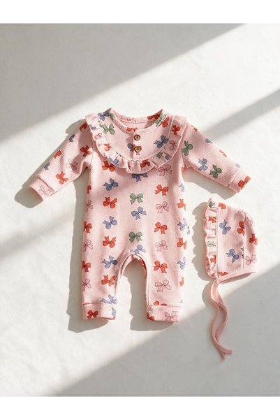 mandalinsbaby Baby Girl Romper with Bow and Ribbon Hat
