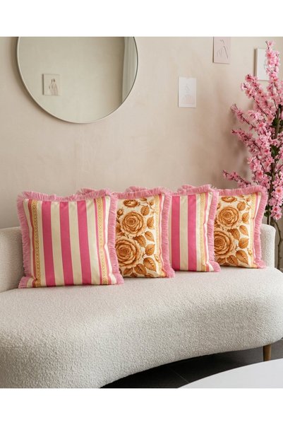 Sunumluxe Vintage Gül Desenli Pembe Çizgili 4'lü Saçaklı Kırlent Kılıfı Kombi...
