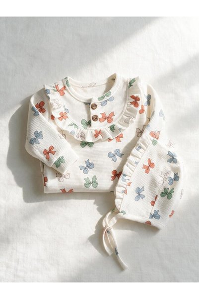 mandalinsbaby Baby Girl Romper with Bow and Ribbon Hat
