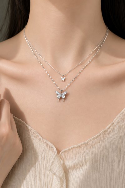 TREND COLLECTİON Silver Color Double Layered Butterfly Figured Women's Necklace