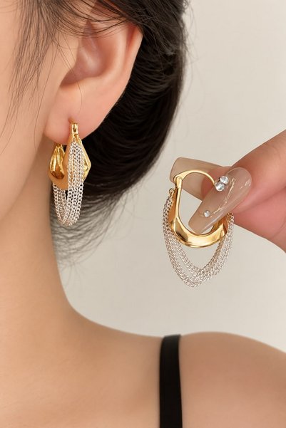 DEMOKAN Women's Earrings Multiple Chain Detail Non-Tarnish Hoop Earrings