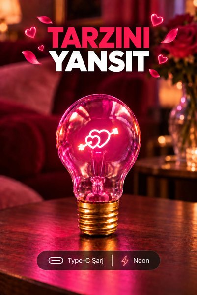 edewatt Oklu Kalp Şeklinde Neon Dekoratif Masa Lambası Ampul Şeklinde Yeni Ne...