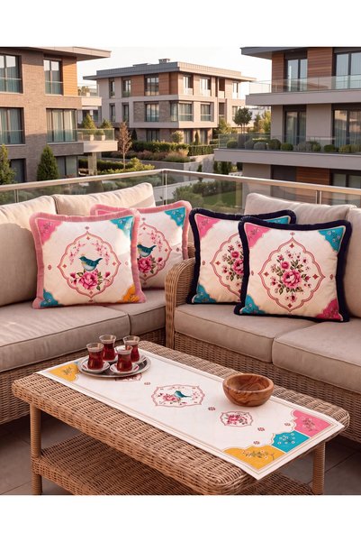 Sunumluxe Kuş ve Çiçek Desenli Runner + 4’lü Kırlent Kılıfı Kombin Set