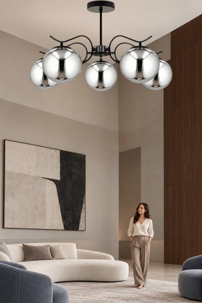 ESSLİGHT Lavin 5’li Füme Camlı Modern Salon Mutfak Yatak Odası Avizesi