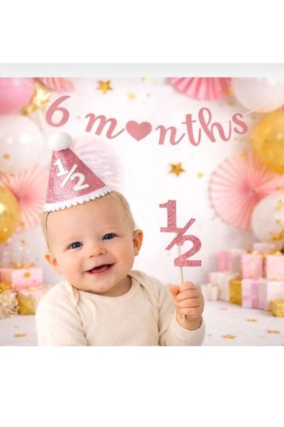 Yamello Yarım Yaş 6 Months Şeker Pembe Simli Şapka Pasta Süsü Duvar Yazısı Set