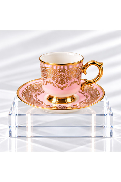 DECOFORM 6 Kişilik Pembe Altın Yaldızlı Kahve Fincan Takımı – Özel Desenli Po...