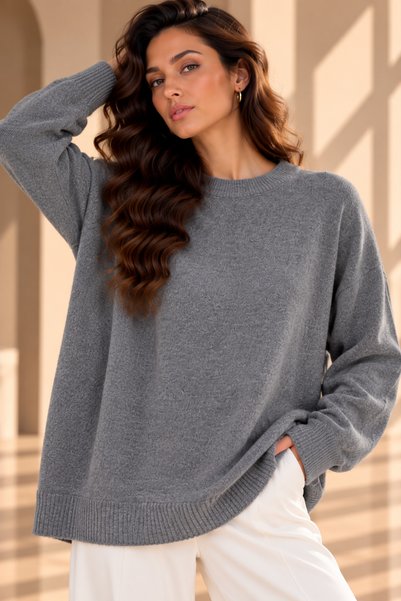 deqfashion Women's Anthracite Crew Neck Oversize Loose Knit Sweater