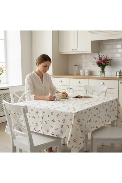 Ralex Față de masă anti-murdar 100% bumbac, diametru 140 cm, model floral crem