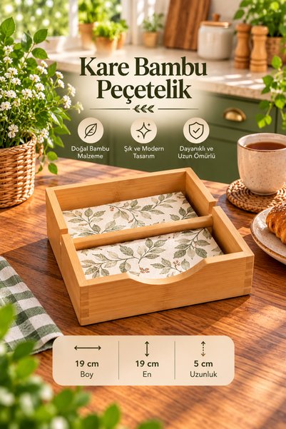 NUHA Dekoratif Kare Bambu Peçetelik-Organizer