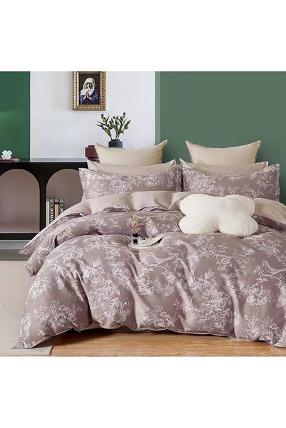 Ralex Set lenjerie de pat dublu 6 piese percale bumbac 100% bej / flori mov