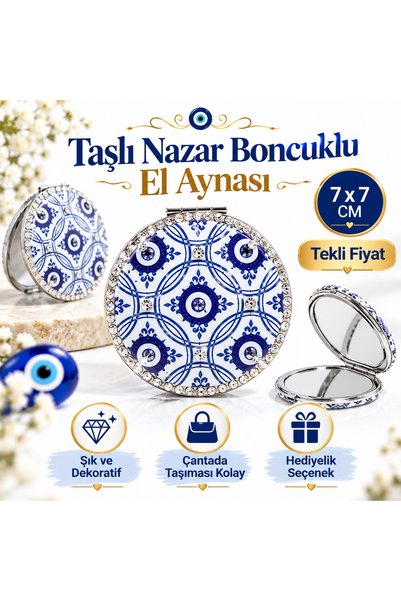 Store Taşlı Nazar Boncuklu El Aynası İnce 7x7 cm Hediyelik – Dekoratif Mini C...