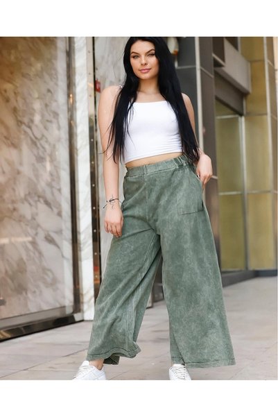 duygu altıntaş Women's High Waist Elastic Wide Leg Trousers with Pocket Detail and Premium Washed Effect