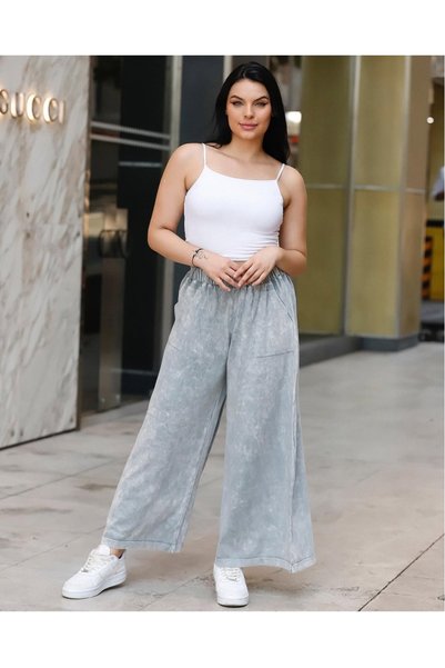 duygu altıntaş Women's High Waist Elastic Wide Leg Trousers with Pocket Detail and Premium Washed Effect
