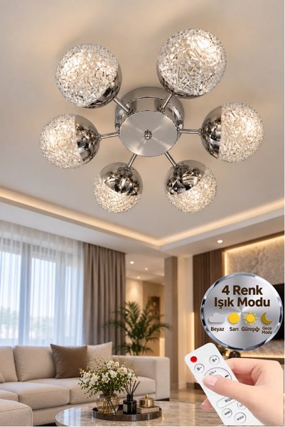 Lumia Lighting Küre Model Gümüş 6"lı Kumandalı Ledli 3 Renk Modu Kristal Salo...