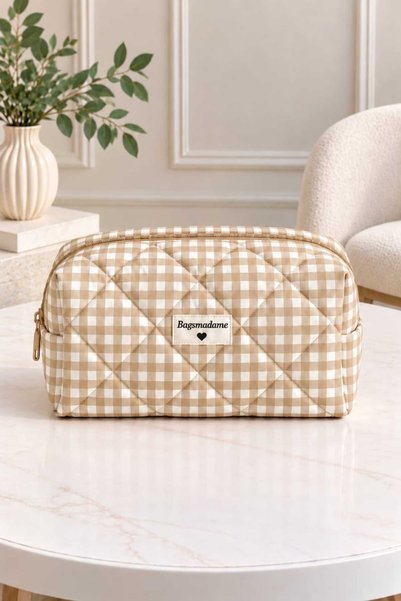 BagsMadame Beige Gingham Patterned Travel Organizer and Makeup Bag 20X19 cm L...